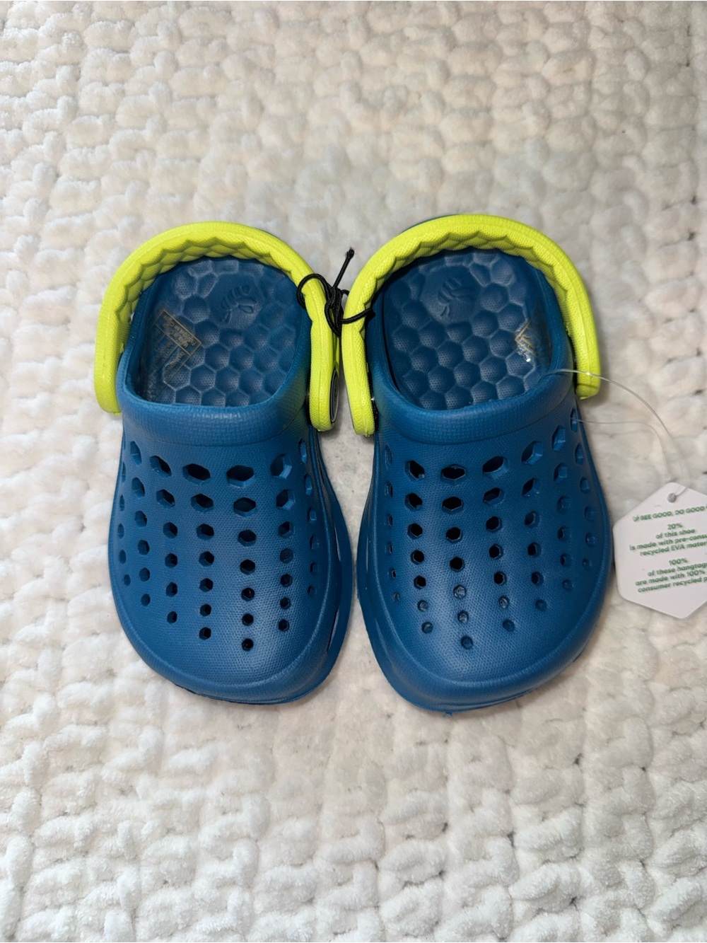 Kids Blue Clog Sandals with Bright Yellow Heel Strap